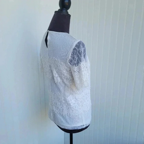 Express Top Women White Nylon Keyhole Short Sleeve Crew Neck Lace Shirt Stretc S - Picture 5 of 8